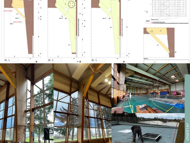 Reconstruction partielle & reprises de charpente du gymnase Anquetil après sinistre à Bosroumois (27)